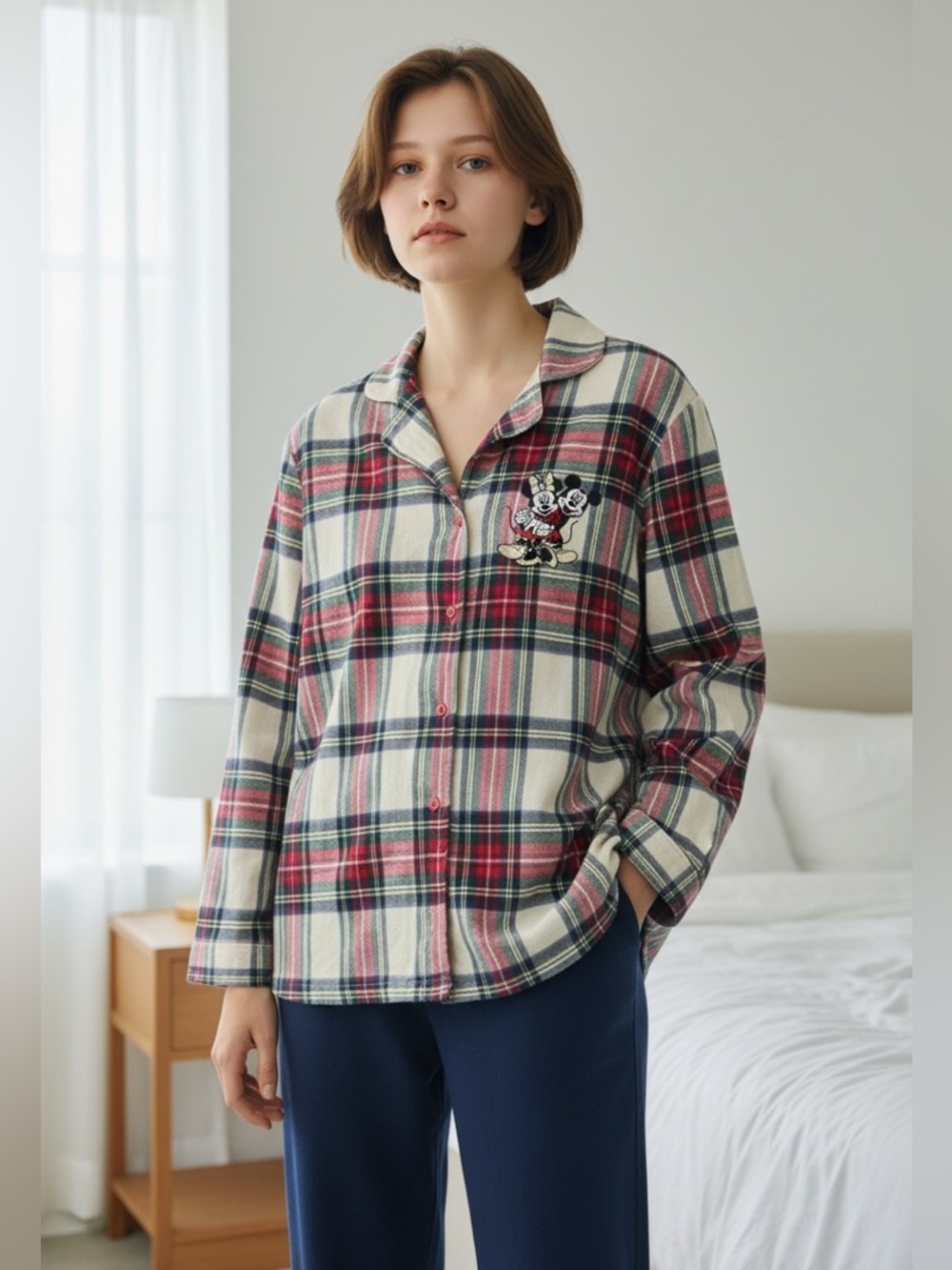 Disney Christmas Plaid Minnie Mickey Appliqué Button Up PJ Top XL